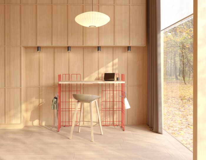 Bureau design Wire rouge avec plateau hauteur 92 cm, design Anne et Philippe Sorigué