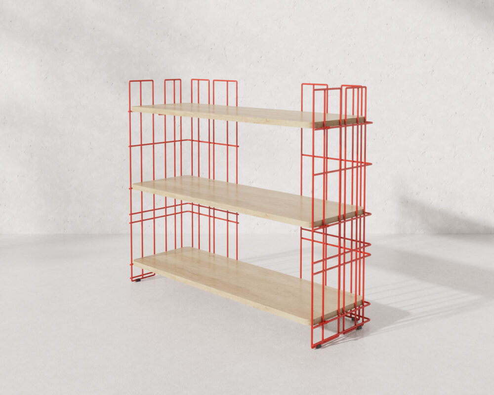 Étagère en fil métallique rouge et plateau bois